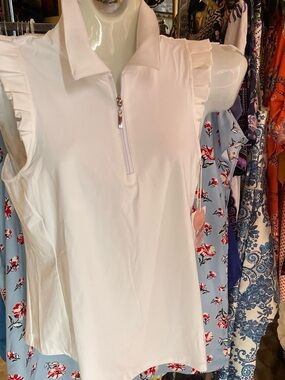Jessica Simpson White Sleeveless Ruffle Zip Tank